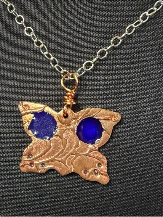 Hand Crafted Jewelry - Copper Blue Enamel Butterfly Sterling Silver Artisan Crafted Necklace